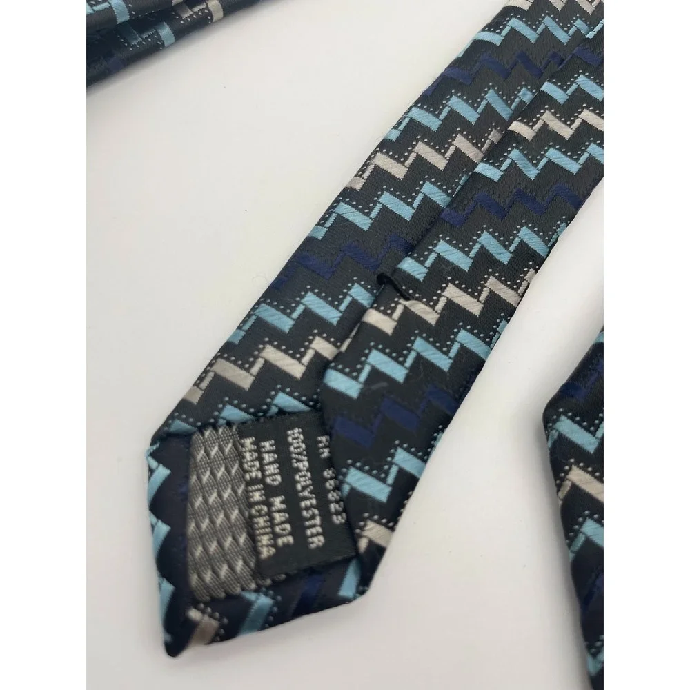 Colours Alexander Julian Mens Tie Blue Navy Silver Zig Zag Geometric Hand Made